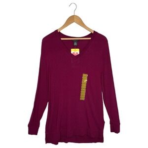 New Adrianna Papell Womens M V Neck Long Sleeve Textured Tunic Burgundy Glow